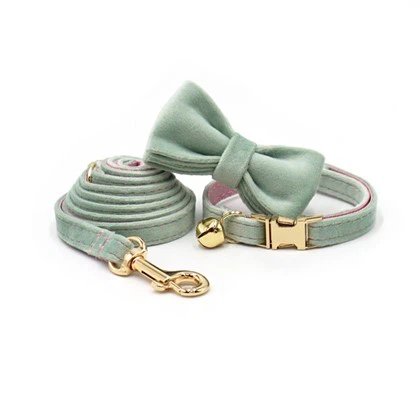 Conjunto de coleira de veludo rosa menta para gatos